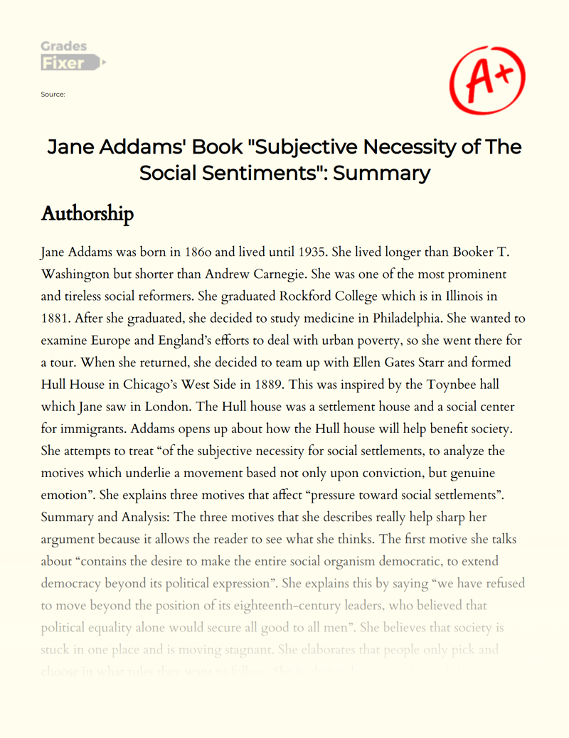 Jane Addams' Book "Subjective Necessity of The Social Sentiments": Summary  Essay