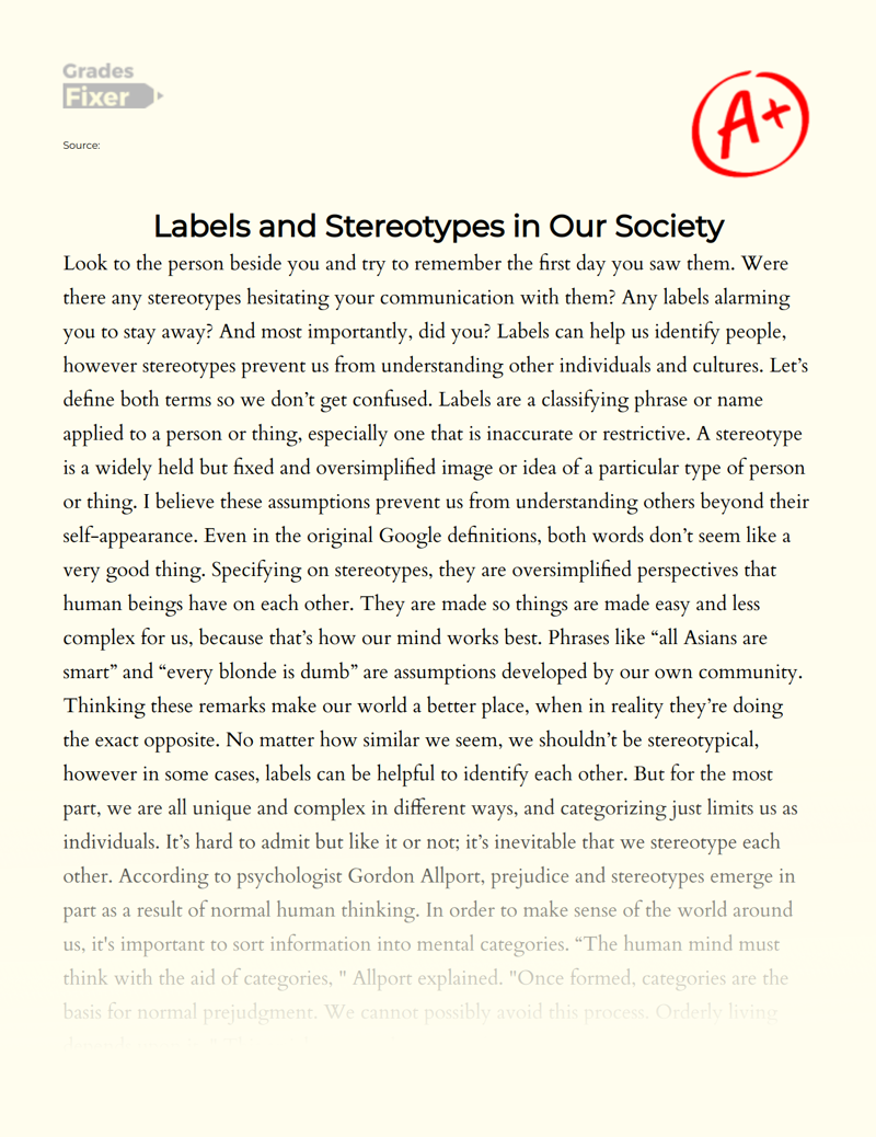 Labels and Stereotypes in Our Society Essay