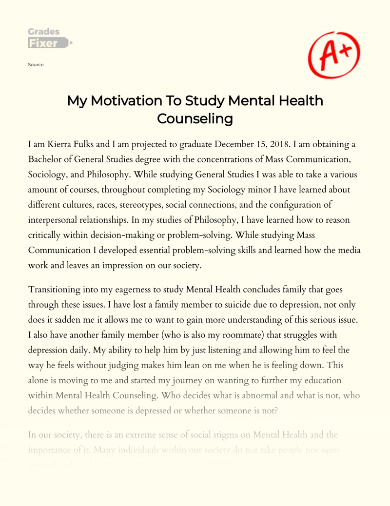 Why I Want to Be a Mental Health Counselor Essay