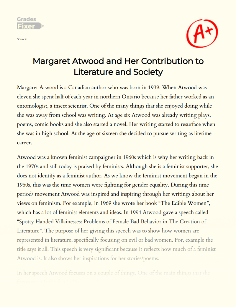 Margaret Atwood and Her Contribution to Literature and Society Essay
