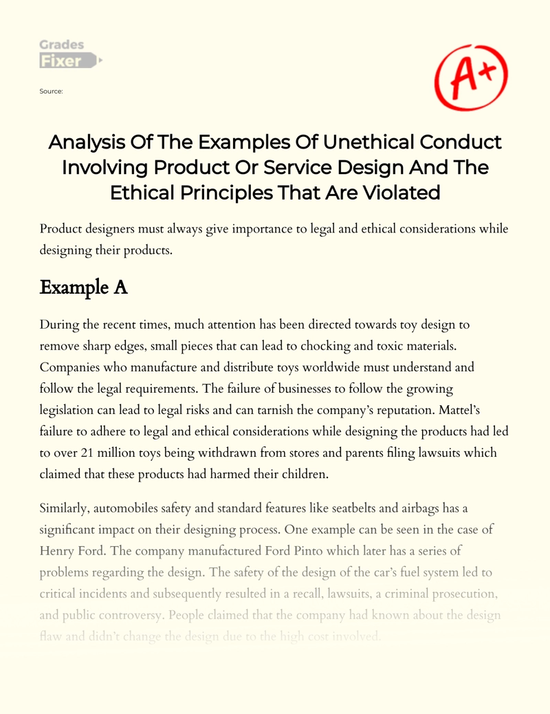 Unethical Conduct in Product/service Design and Violated Ethical Principles Essay