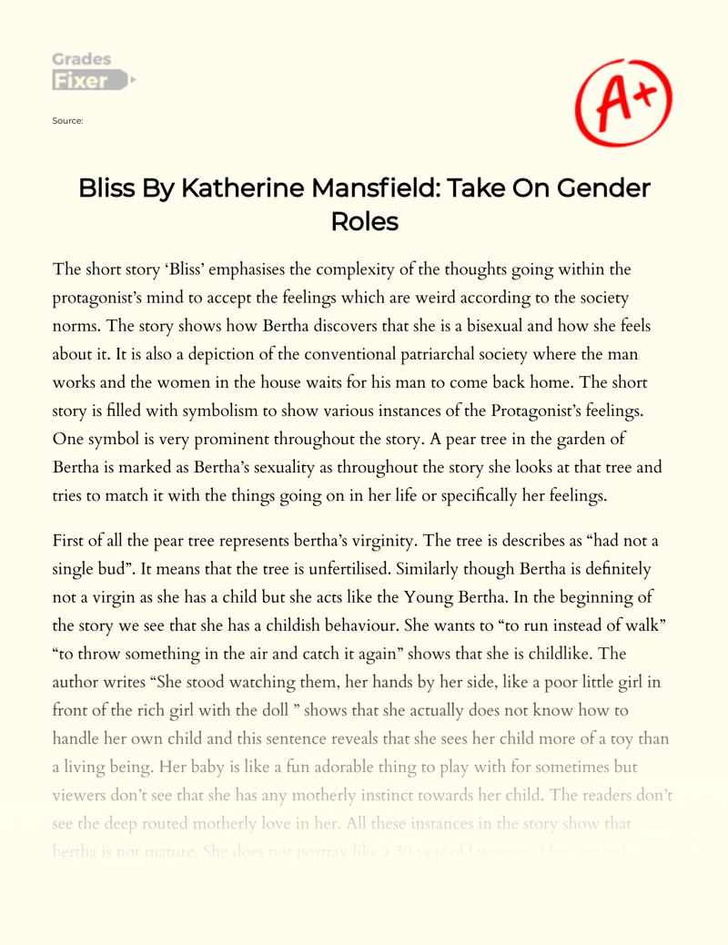 Bliss by Katherine Mansfield: Take on Gender Roles Essay