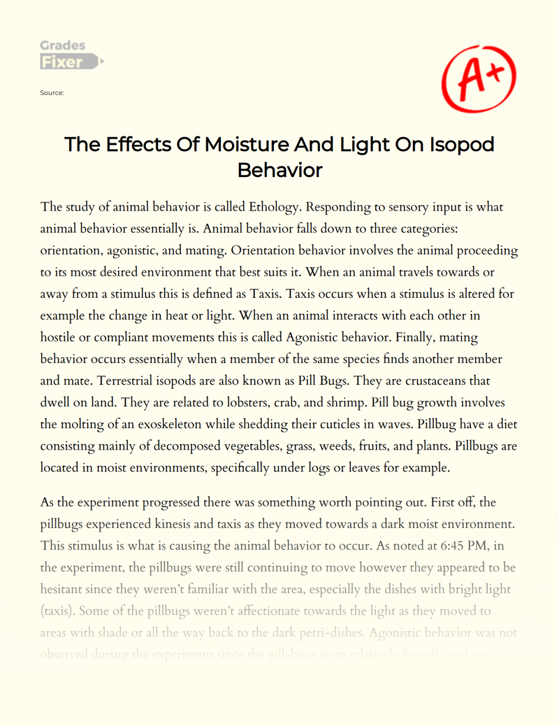 The Effects of Moisture and Light on Isopod Behavior Essay
