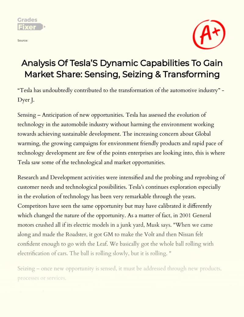 Analysis of Tesla’s Dynamic Capabilities to Gain Market Share: Sensing, Seizing & Transforming essay