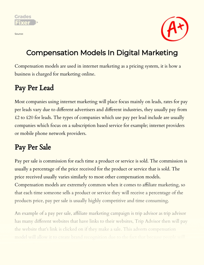 Compensation Models in Digital Marketing Essay