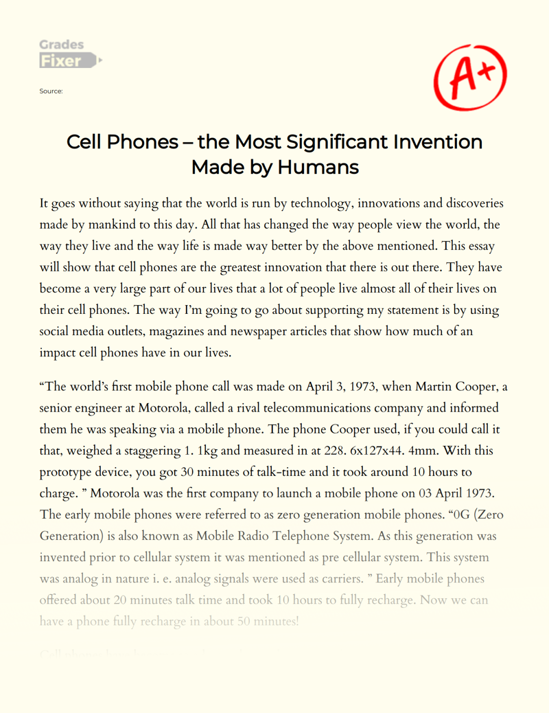 Cell Phones – The Most Significant Invention Made by Humans Essay