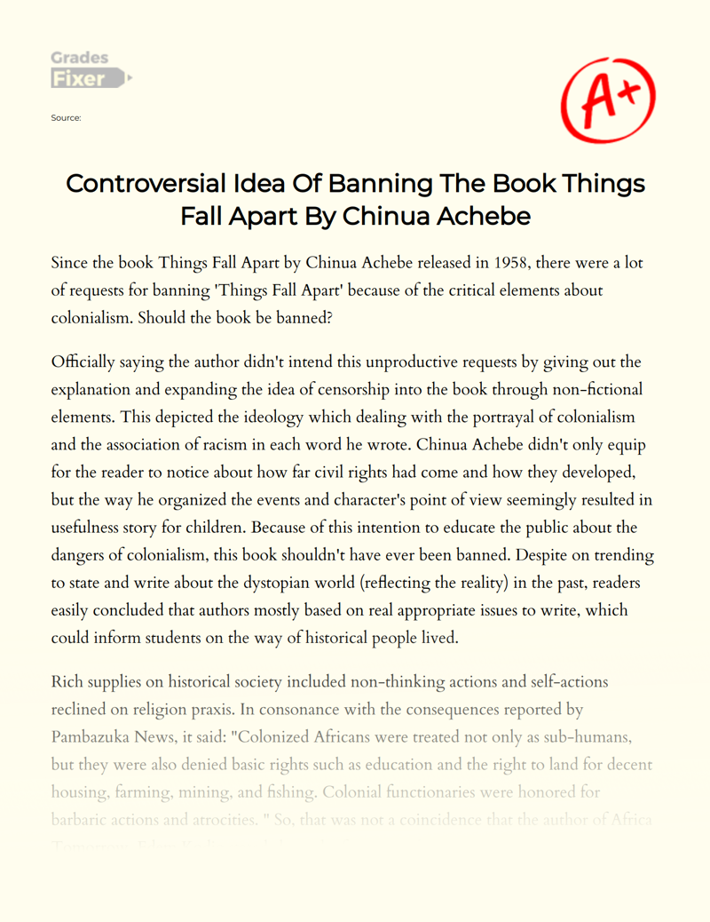 Controversial Idea of Banning The Book Things Fall Apart by Chinua Achebe Essay