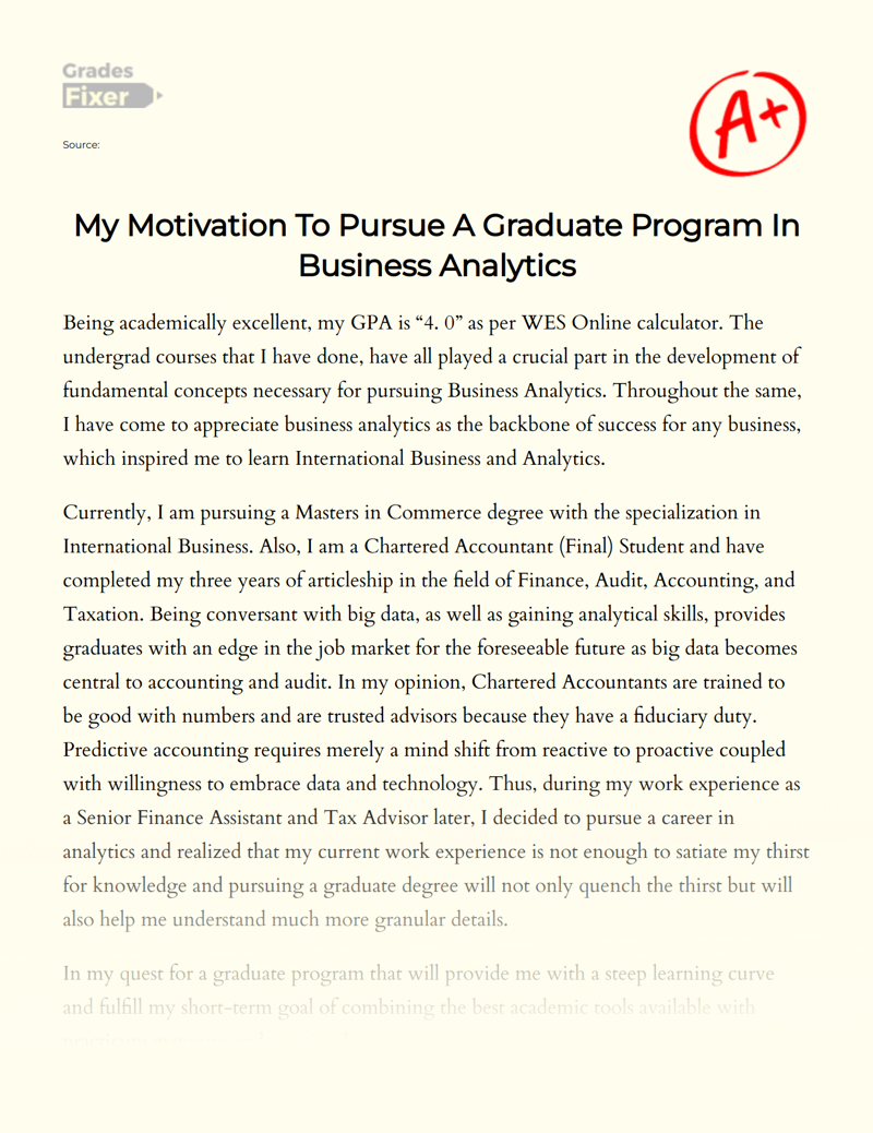 My Motivation to Pursue a Graduate Program in Business Analytics Essay