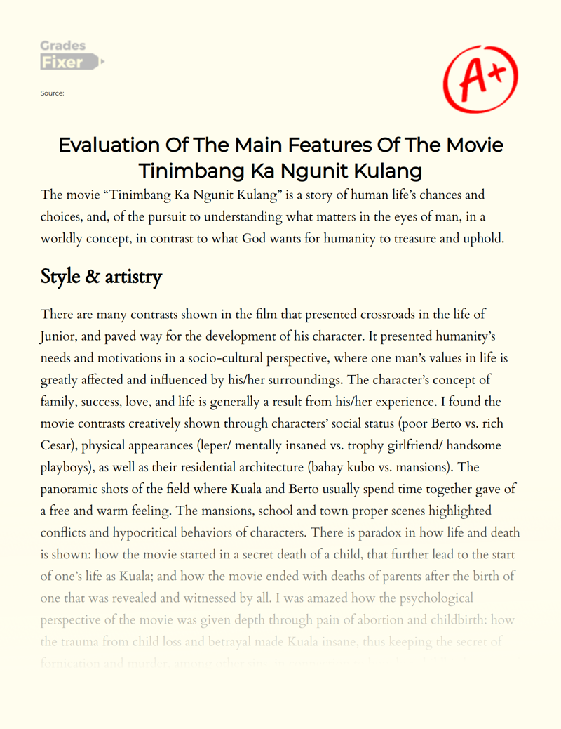 Evaluation of The Main Features of The Movie Tinimbang Ka Ngunit Kulang Essay