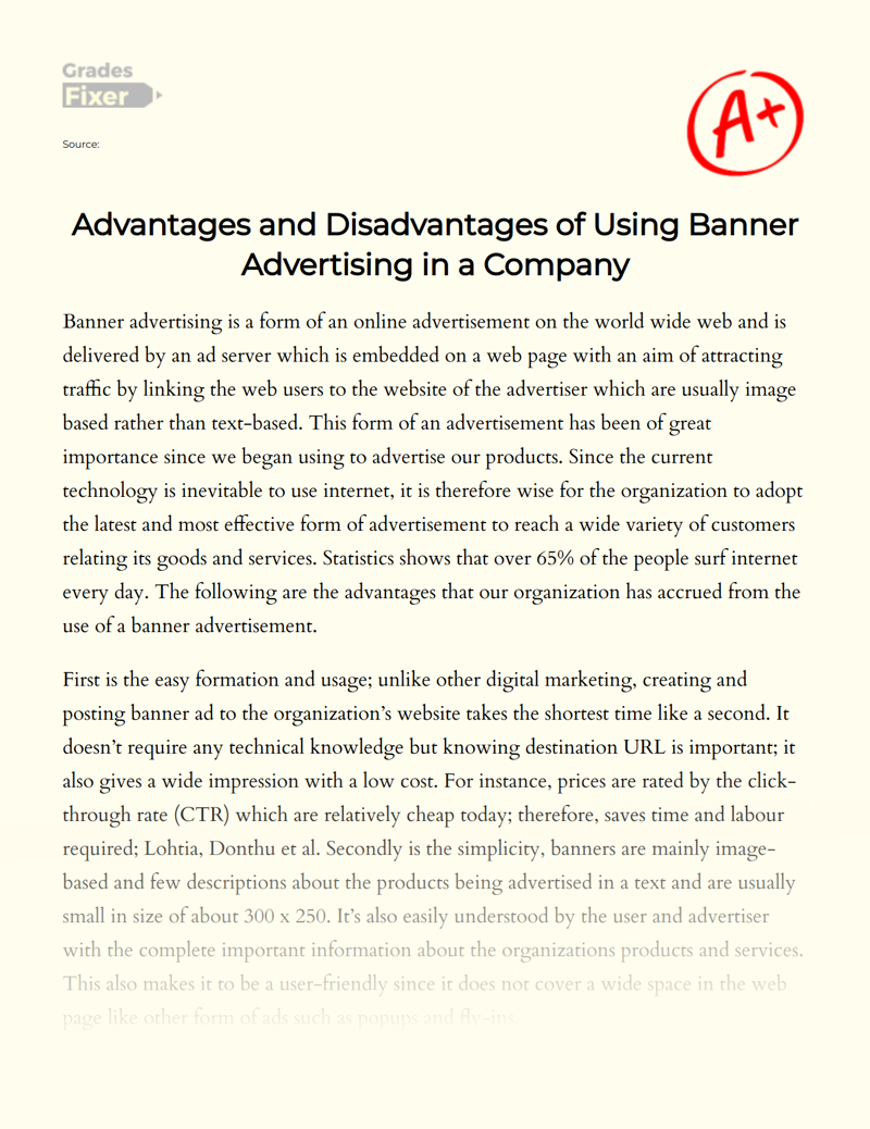 Advantages and Disadvantages of Using Banner Advertising in a Company Essay