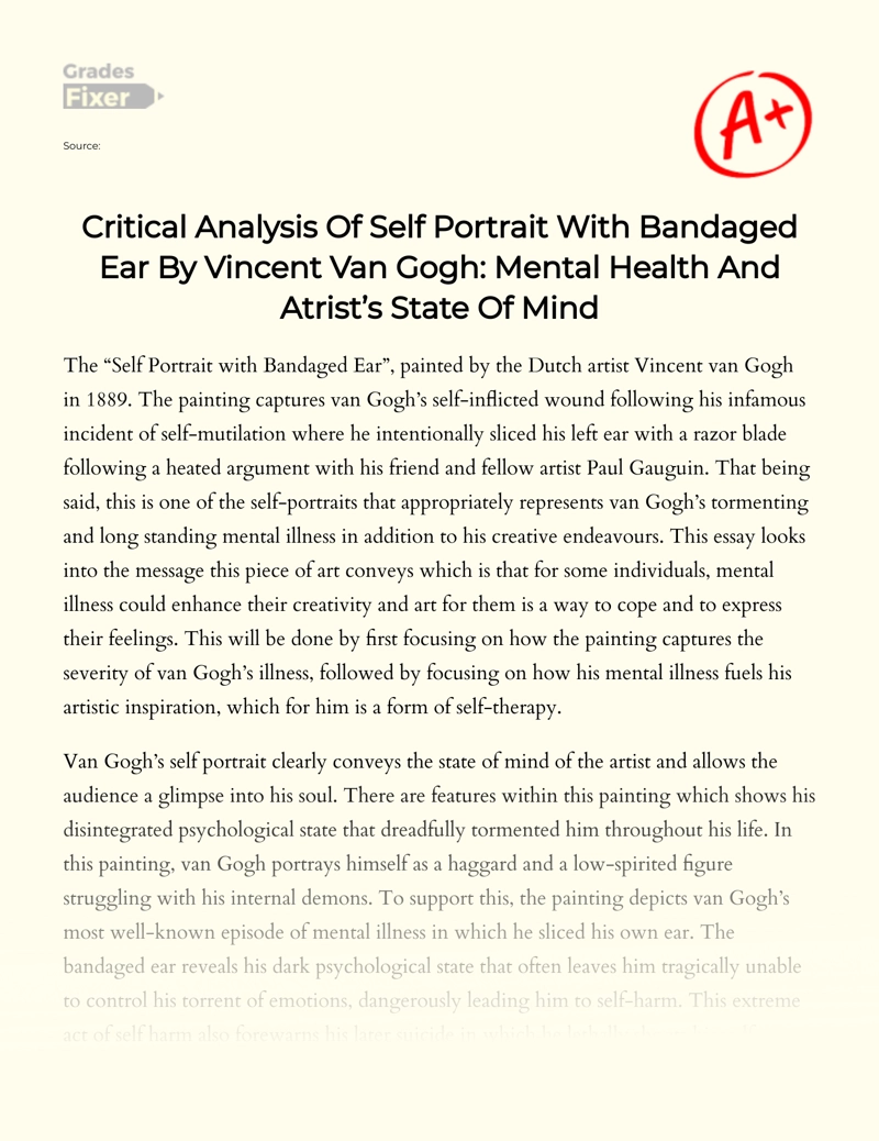 Critical Analysis of "Self Portrait with Bandaged Ear" by Vincent Van Gogh essay