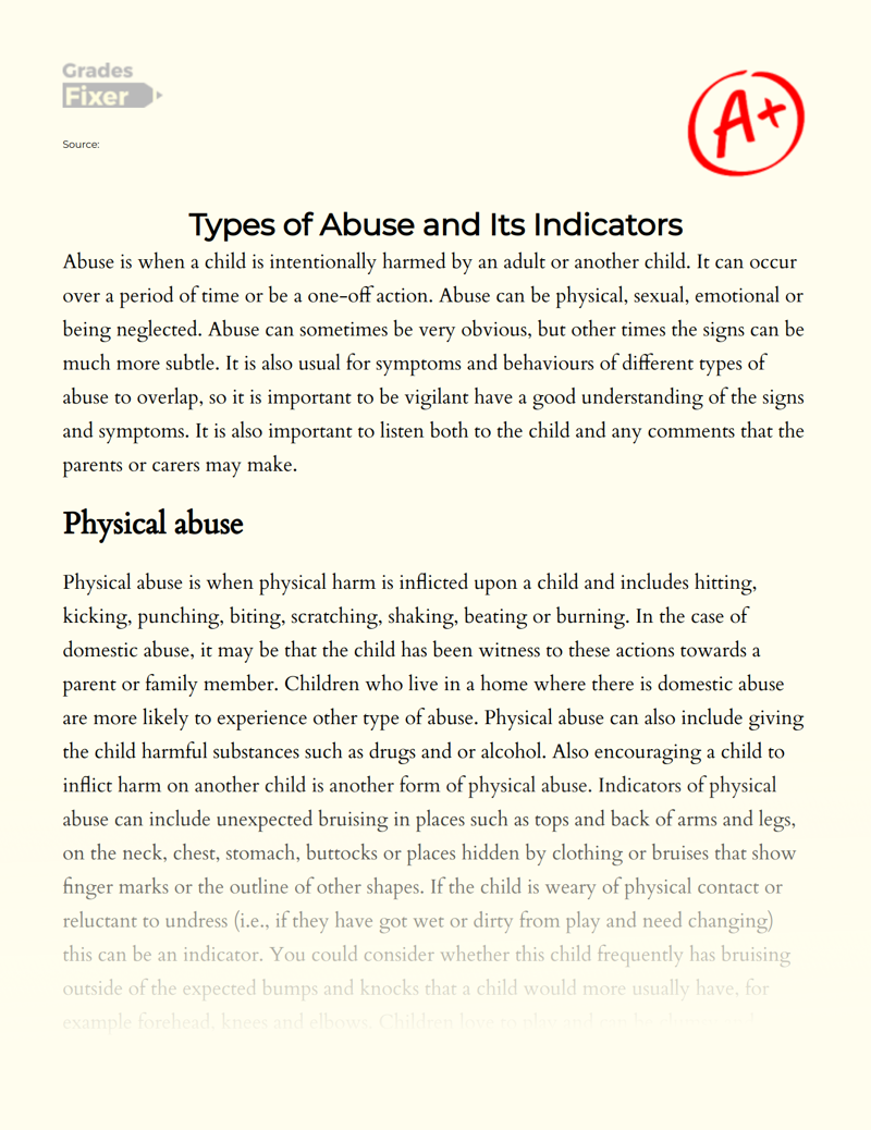 Types of Child Abuse and Its Indicators Essay