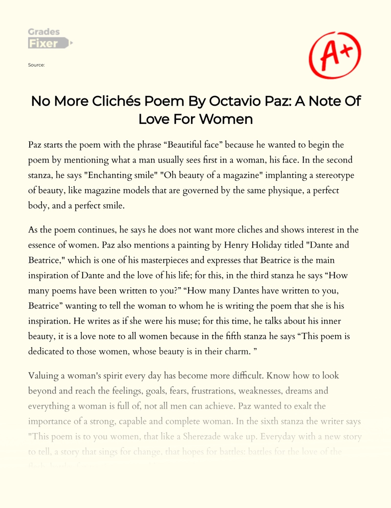 No More Clichés Poem by Octavio Paz: a Note of Love for Women essay