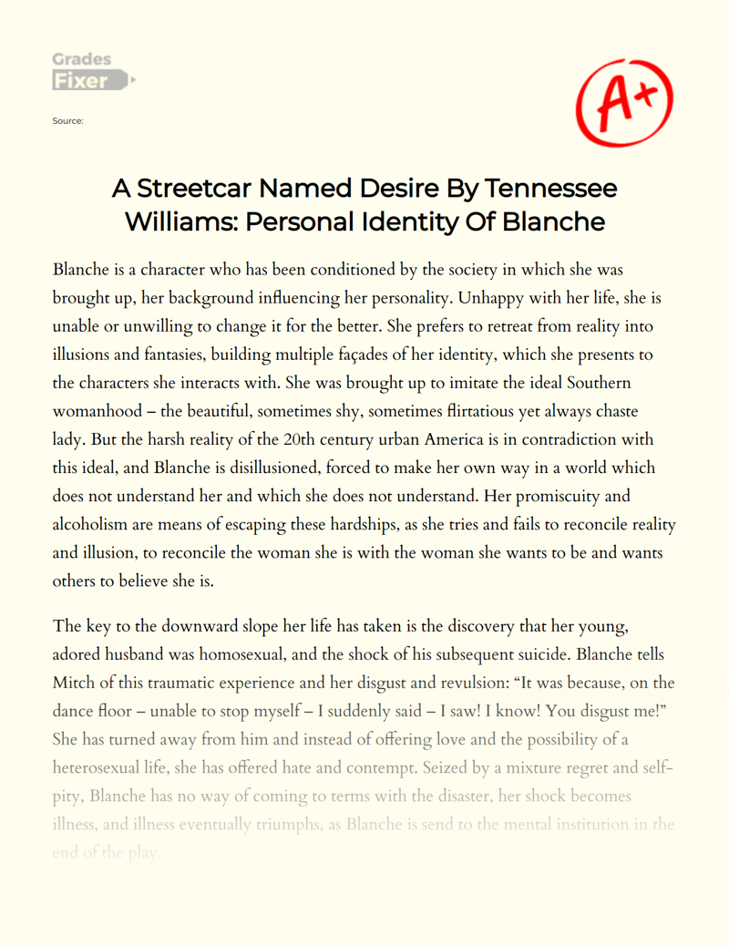 A Streetcar Named Desire by Tennessee Williams: Personal Identity of Blanche Essay