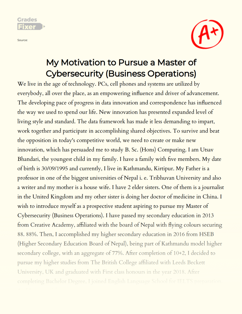 My Motivation to Pursue a Master of Cybersecurity (business Operations) Essay