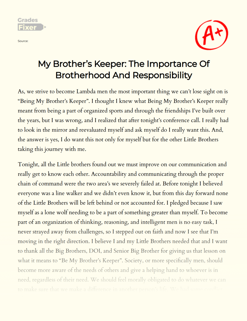 My Brother’s Keeper: The Importance of Brotherhood and Responsibility Essay