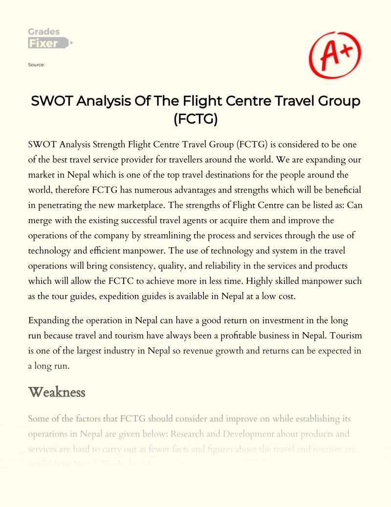 Swot Analysis of The Flight Centre Travel Group (fctg)  Essay