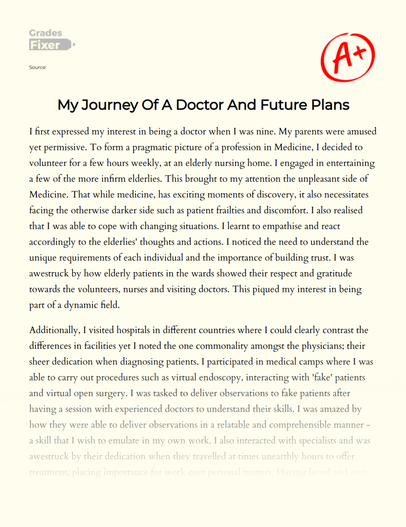 My Journey of a Doctor and Future Plans Essay