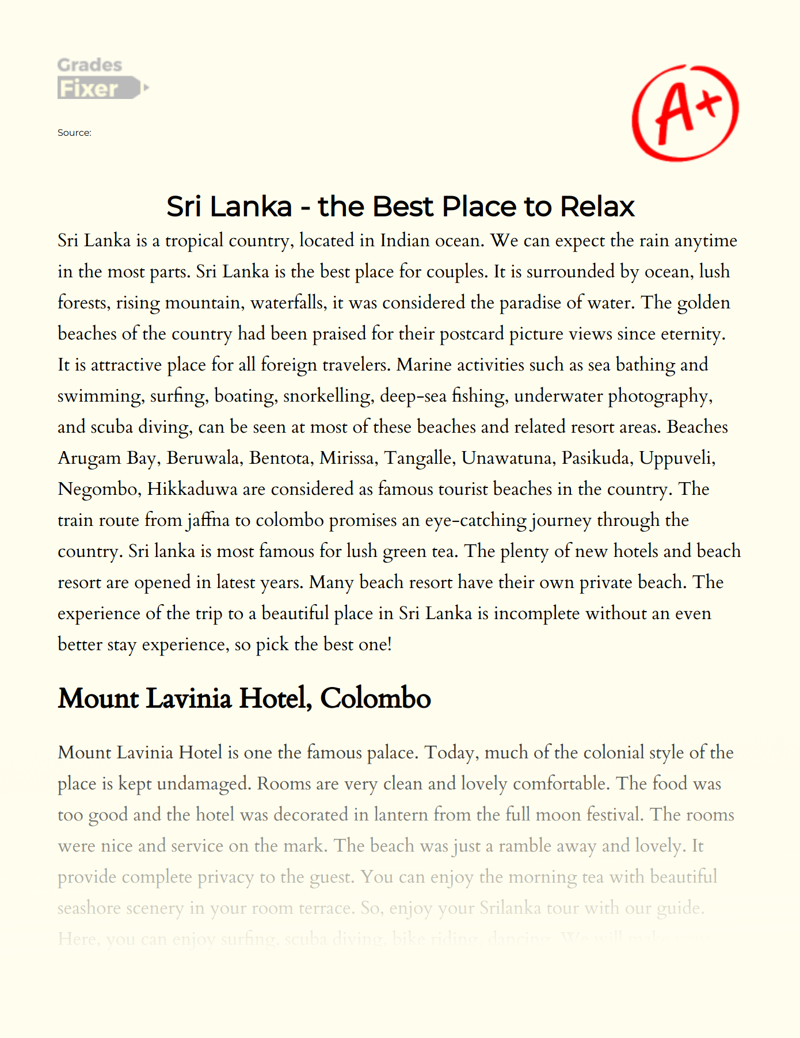 Sri Lanka - The Best Place to Relax Essay