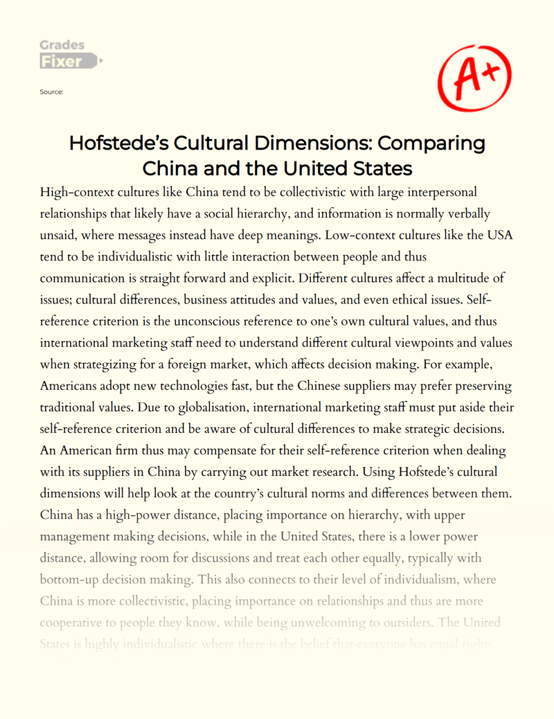 Hofstede’s Cultural Dimensions: Comparing China and The United States Essay