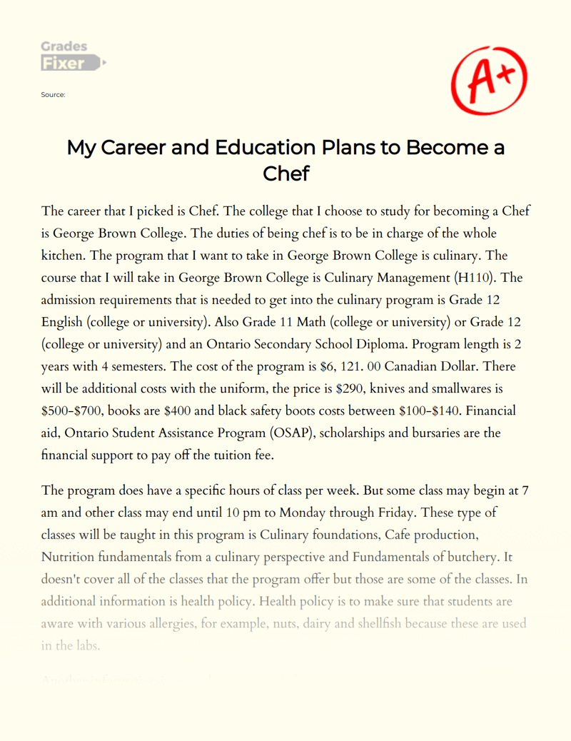 My Career and Education Plans to Become a Chef Essay