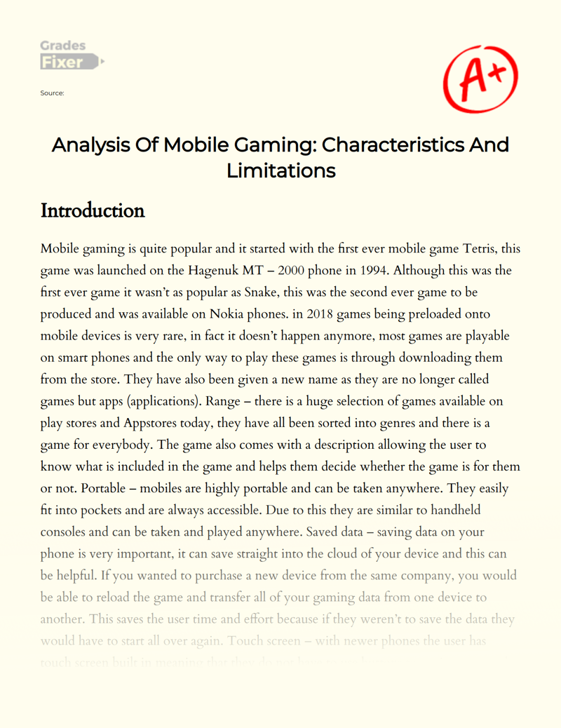 Analysis of Mobile Gaming: Characteristics and Limitations Essay