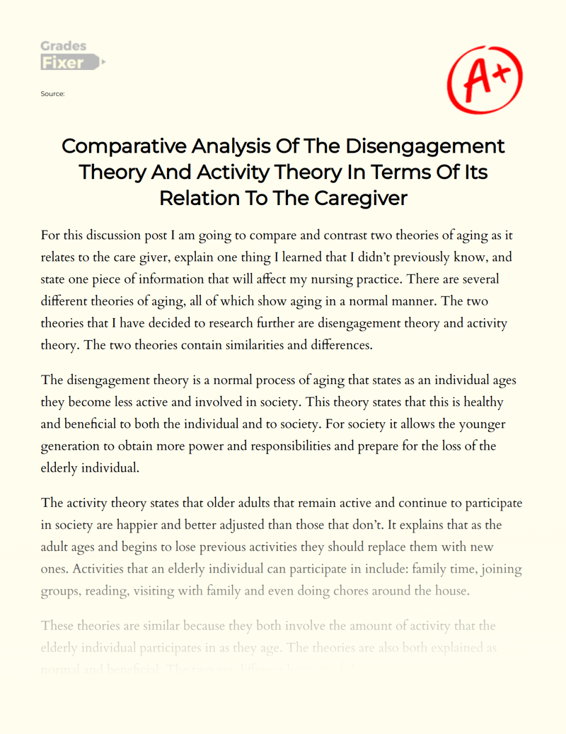 Comparative Analysis: Disengagement Vs. Activity Theory in Caregiving Essay