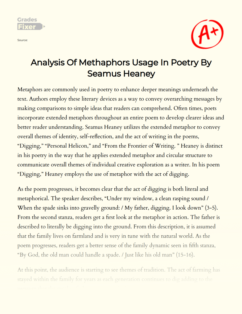 Analysis of Methaphors Usage in Poetry by Seamus Heaney Essay