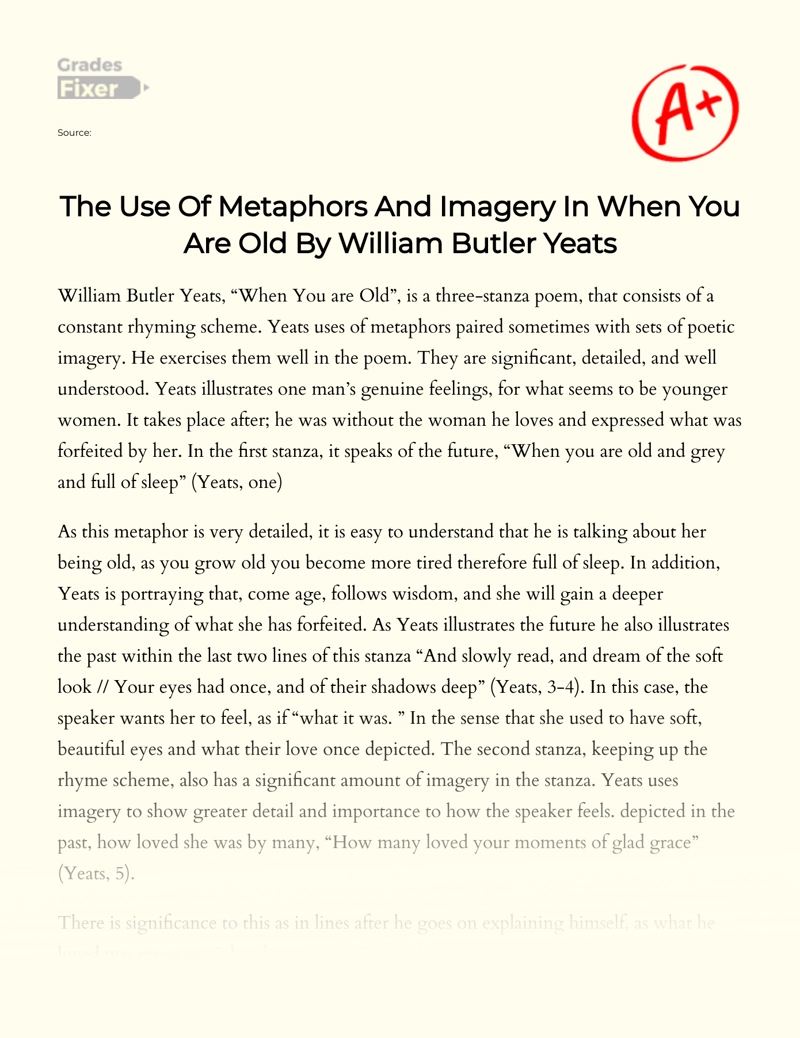 The Use of Metaphors and Imagery in When You Are Old by William Butler Yeats Essay