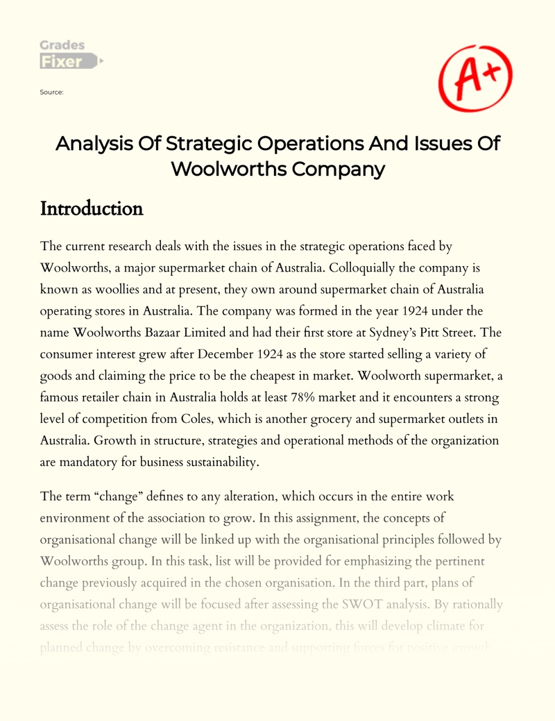 Analysis of Strategic Operations and Issues of Woolworths Company Essay