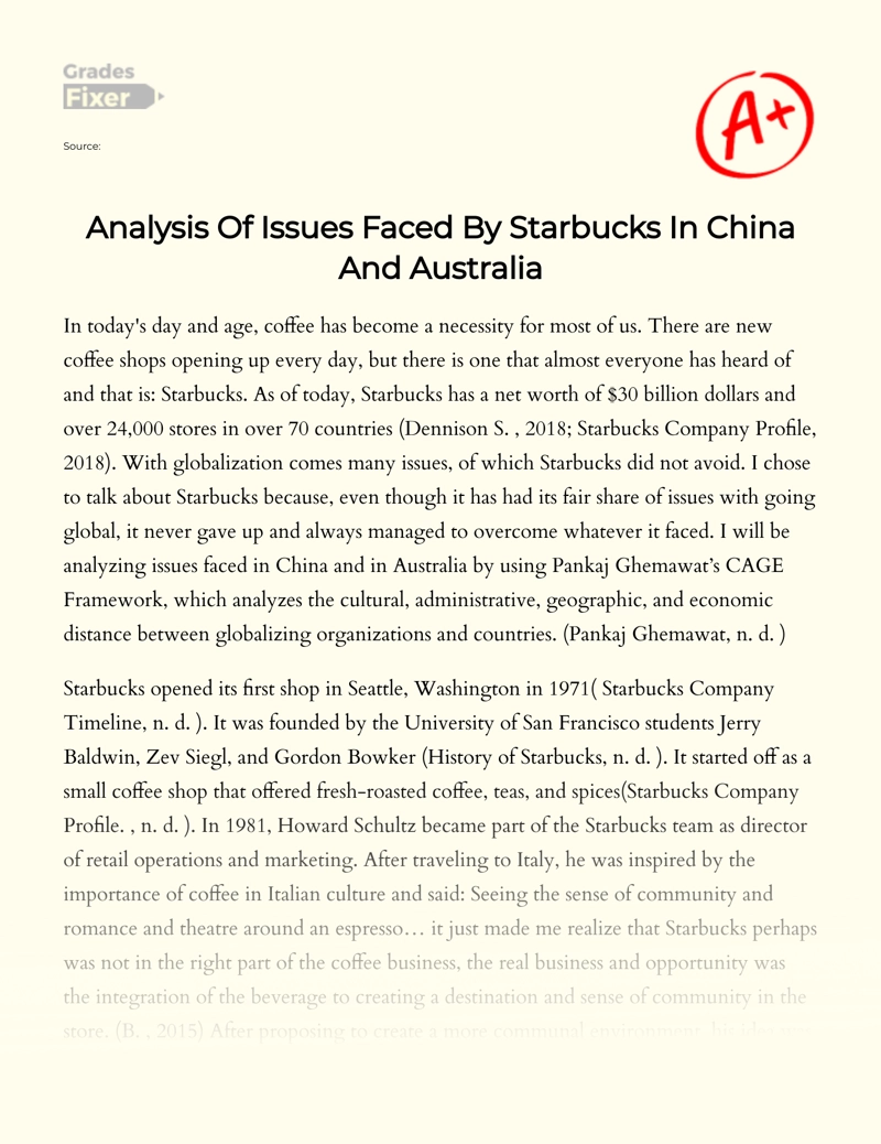 Analysis of Issues Faced by Starbucks in China and Australia essay