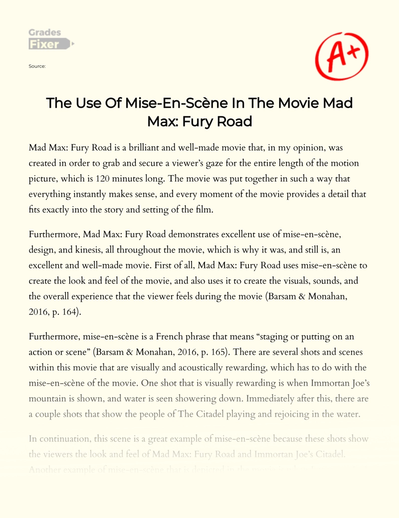 The Use of Mise-en-scène in The Movie Mad Max: Fury Road Essay