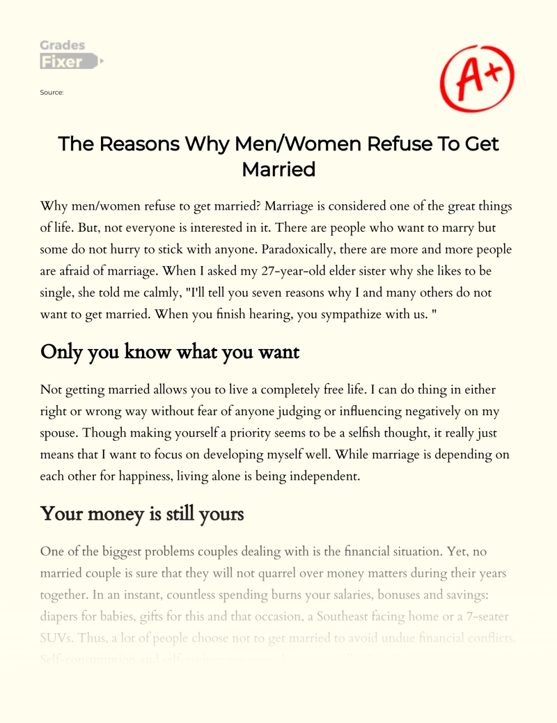 The Reasons Why Men/women Refuse to Get Married Essay