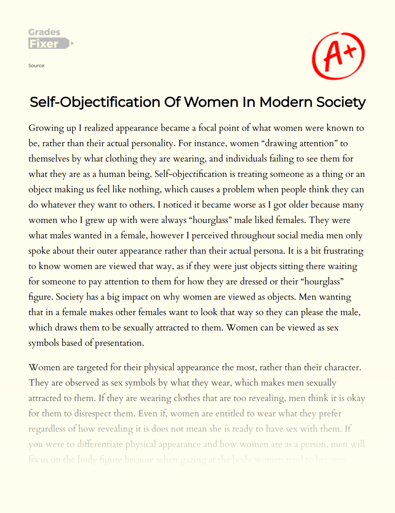 Self-objectification of Women in Modern Society Essay