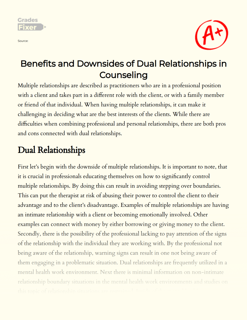 Benefits and Downsides of Dual Relationships in Counseling Essay