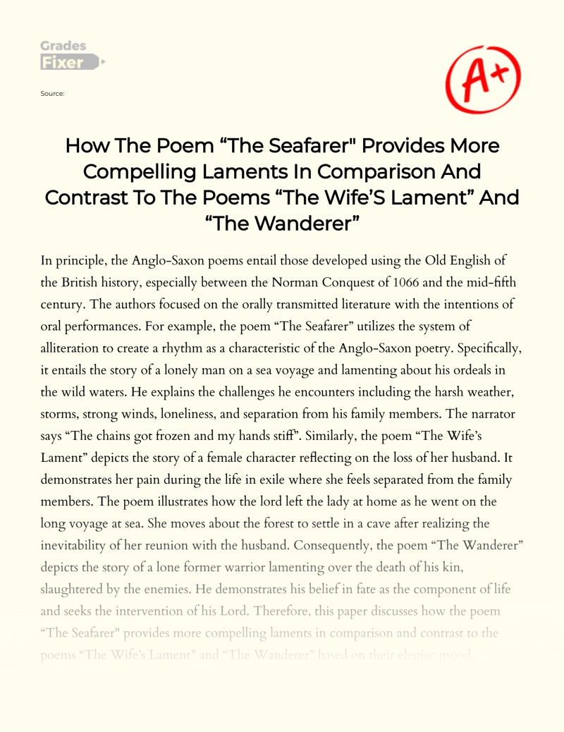 Lamentation in "The Seafarer," "The Wife’s Lament," and "The Wanderer" Essay