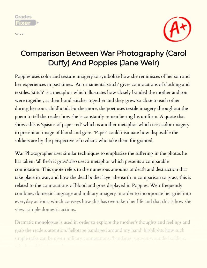 Comparison Between War Photography (carol Duffy) and Poppies (jane Weir) essay