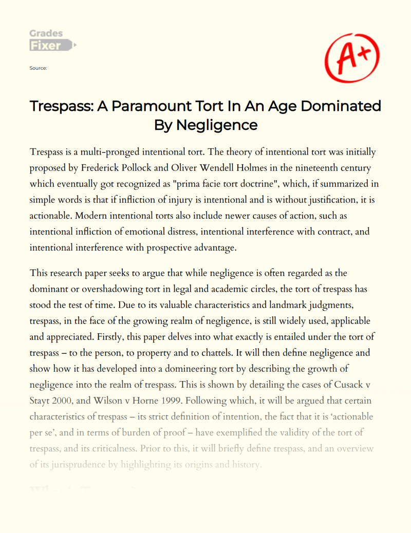 Trespass: a Paramount Tort in an Age Dominated by Negligence Essay