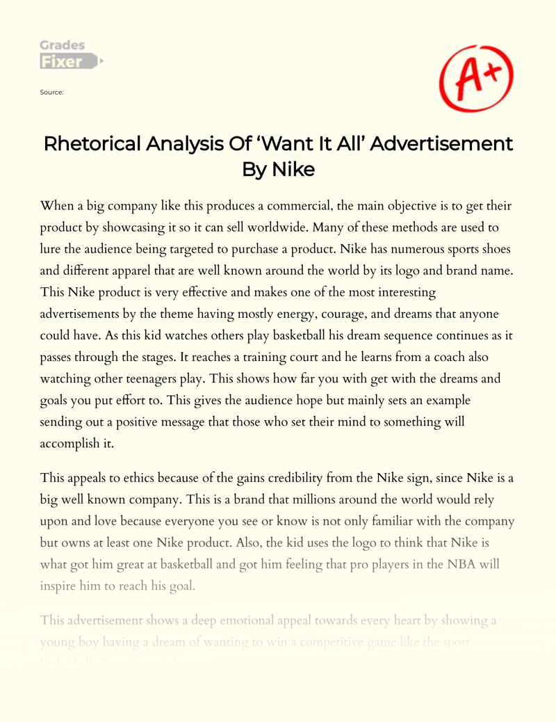 Rhetorical Analysis of ‘want It All’ Advertisement by Nike Essay
