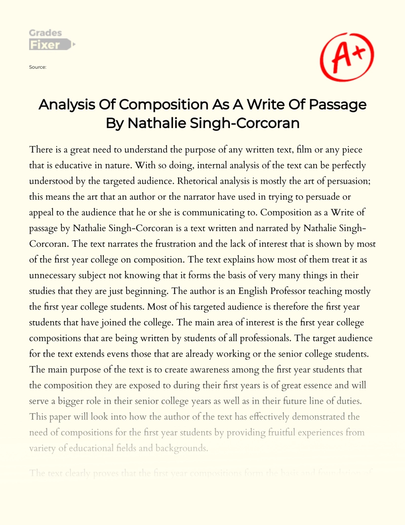 Analysis of Composition as a Write of Passage by Nathalie Singh-corcoran Essay