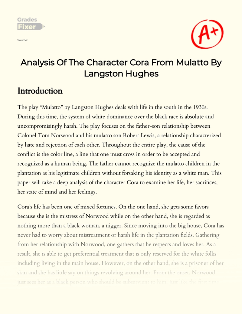 Analysis of The Character Cora from "Mulatto" by Langston Hughes Essay