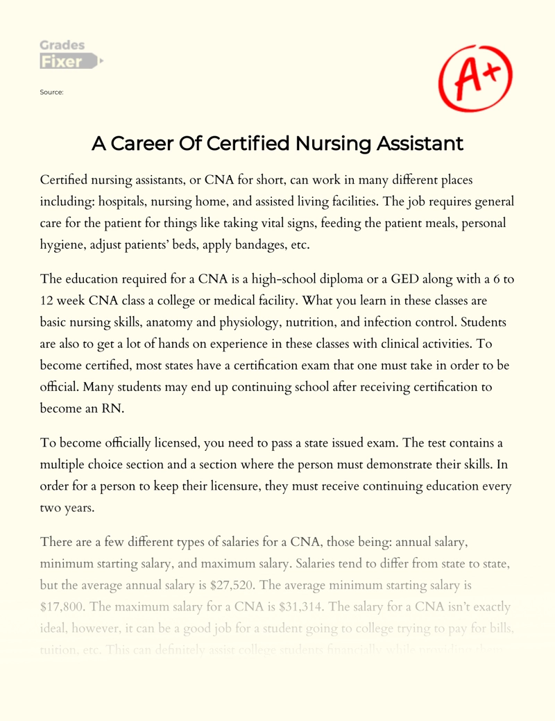 A Career of Certified Nursing Assistant Essay