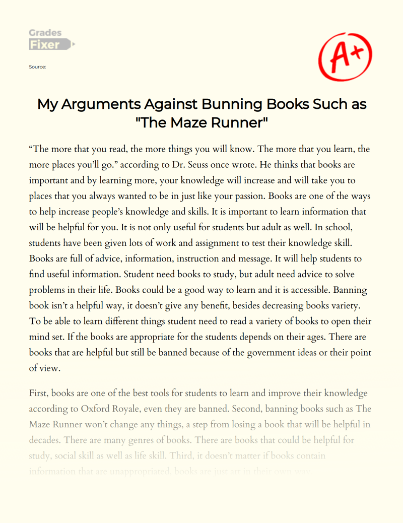 My Arguments Against Bunning Books Such as "The Maze Runner" Essay