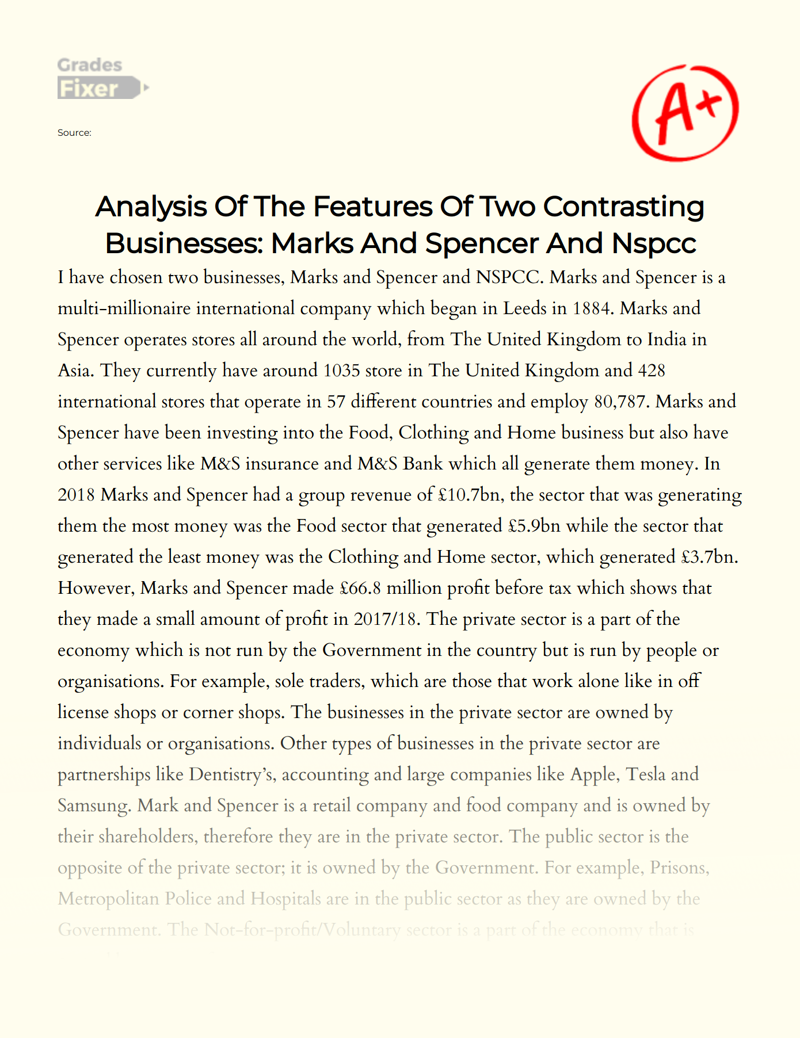 Analysis of The Features of Two Contrasting Businesses: Marks and Spencer and Nspcc Essay