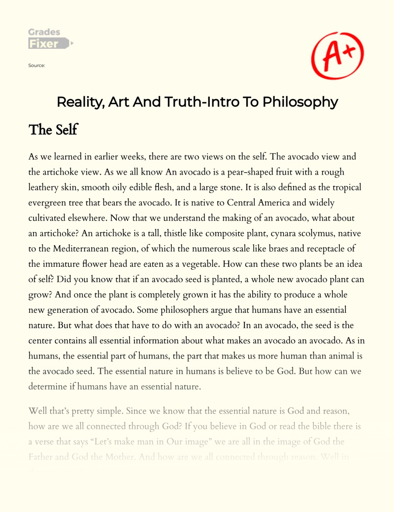 Reality, Art and Truth-intro to Philosophy  Essay