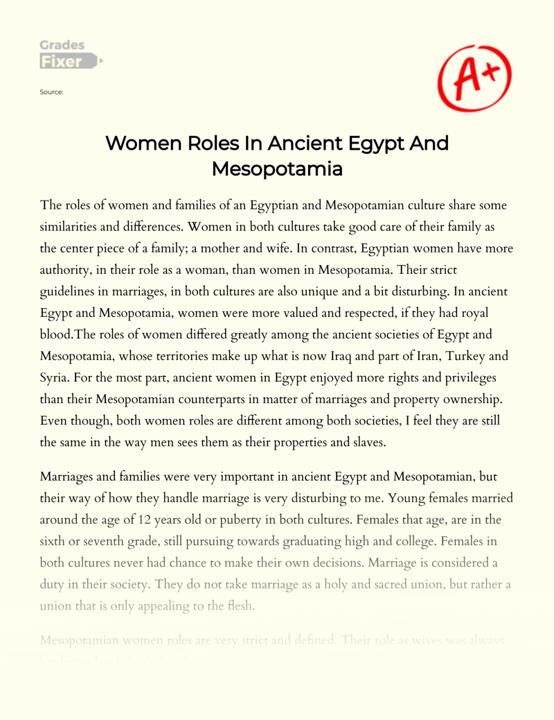 Women's Roles in Ancient Egypt and Mesopotamia Essay