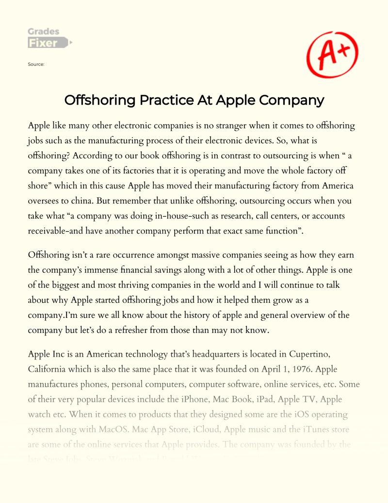 Offshoring Practice at Apple Company Essay