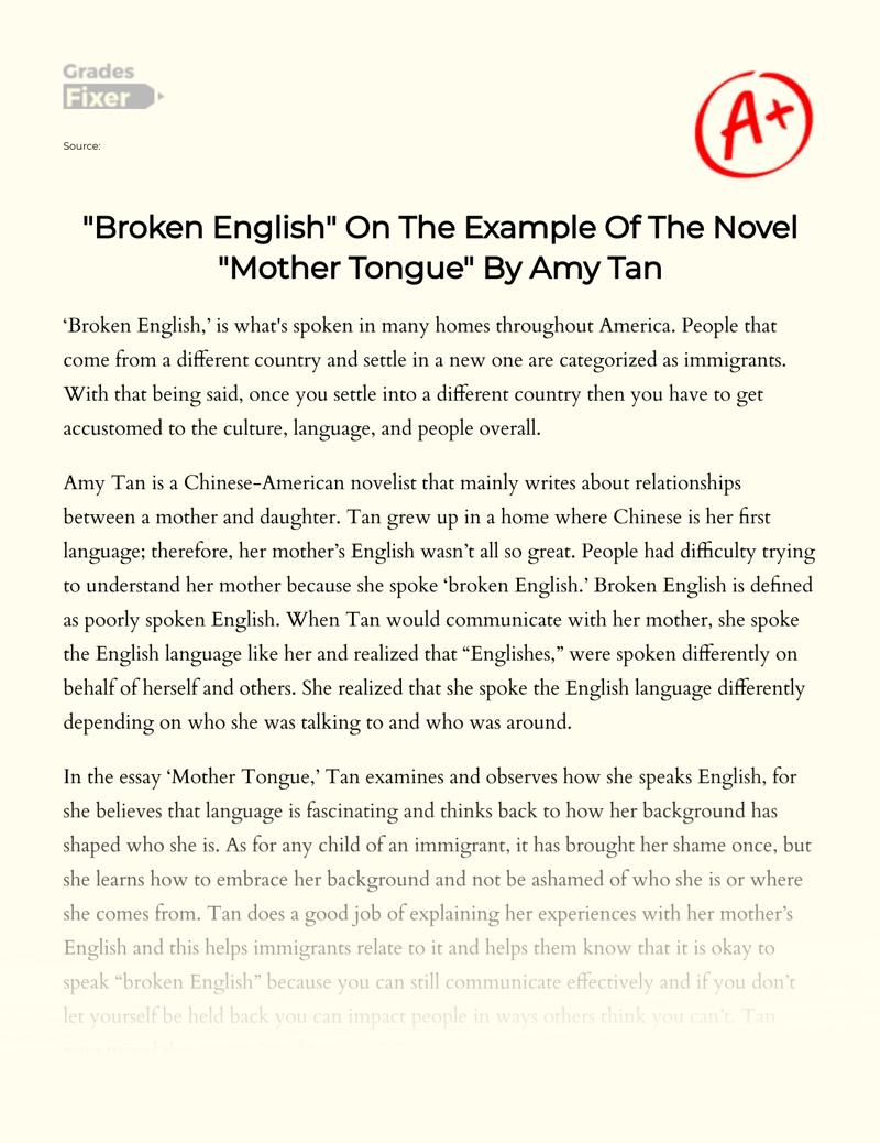 "Broken English" on The Example of The Novel "Mother Tongue" by Amy Tan Essay