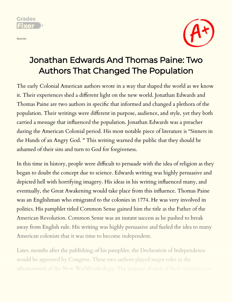 Jonathan Edwards and Thomas Paine: Two Authors that Changed The Population Essay
