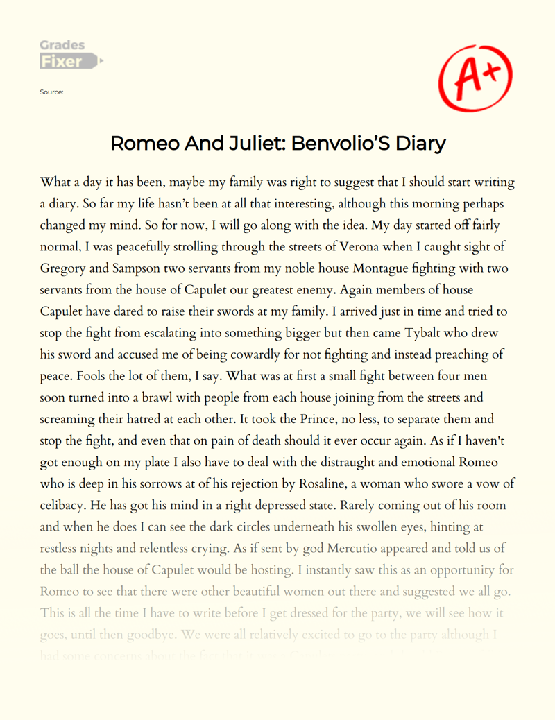 Romeo and Juliet: Benvolio’s Diary Essay